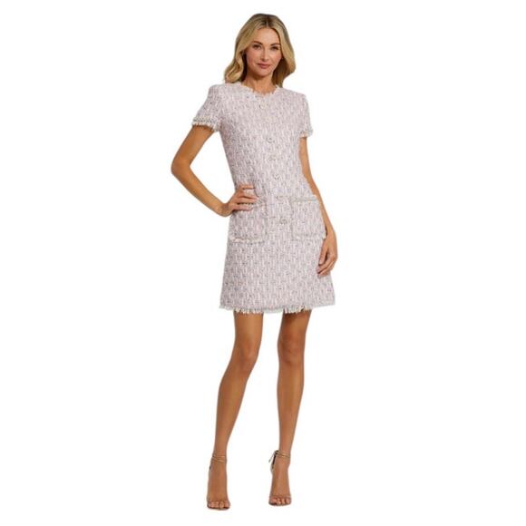 Mac Duggal Medium Pink Boucle Cap Sleeve Floral Button Detail Shift Dress NEW - Picture 2 of 13